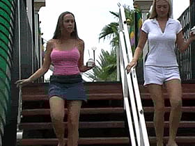 Big Tits Babe in White: Non-Nude Teen Staircase Stroll'