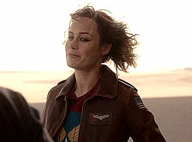 Blonde Celebrity Brie Larson Poses in Sexy Leather Jacket'