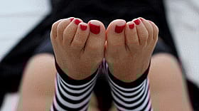 Footjob Fiesta: Striped Legs and Masturbation'
