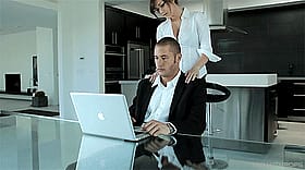 Hot and steamy kitchen scene with a man and woman'