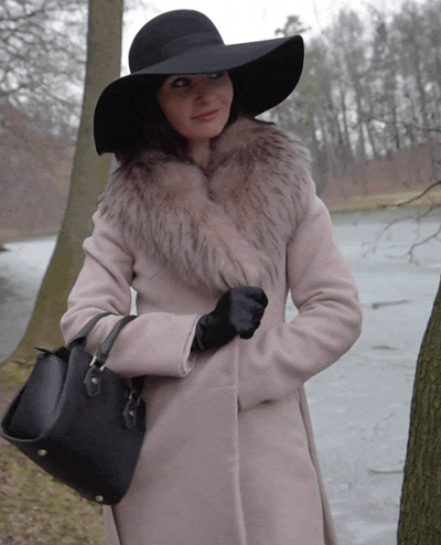 Amateur Lingerie Model Poses in Black Hat and Pink Coat picture 1 of 1