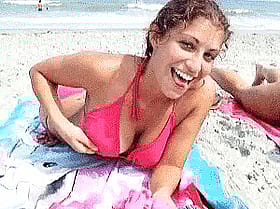 Babes on the Beach: Pink Bikini Babes Smiling for the Camera'