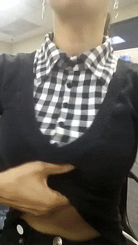 Brunette Babes Flashing Tits at Work'