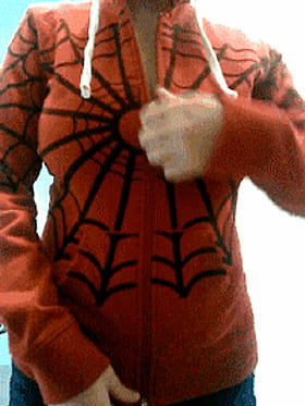 Spider-Man's Hottie Gives Thumbs Up in Red Hoodie'