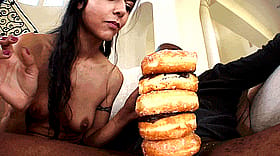 Funny Interracial Donut Stacking: Naked Woman Shows Off Her Donuts'