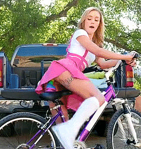 Blonde Biker Chick Riding a Bizarre Bike'